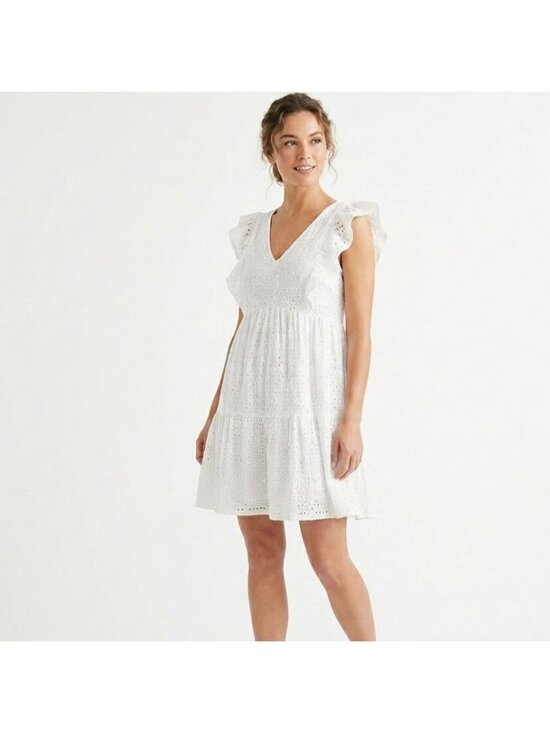 Time and Tru Dresses & Skirts - Time And Tru Women White Eyelet Ruffle Sleeveless Tiered Mini Dress Size M 8 10